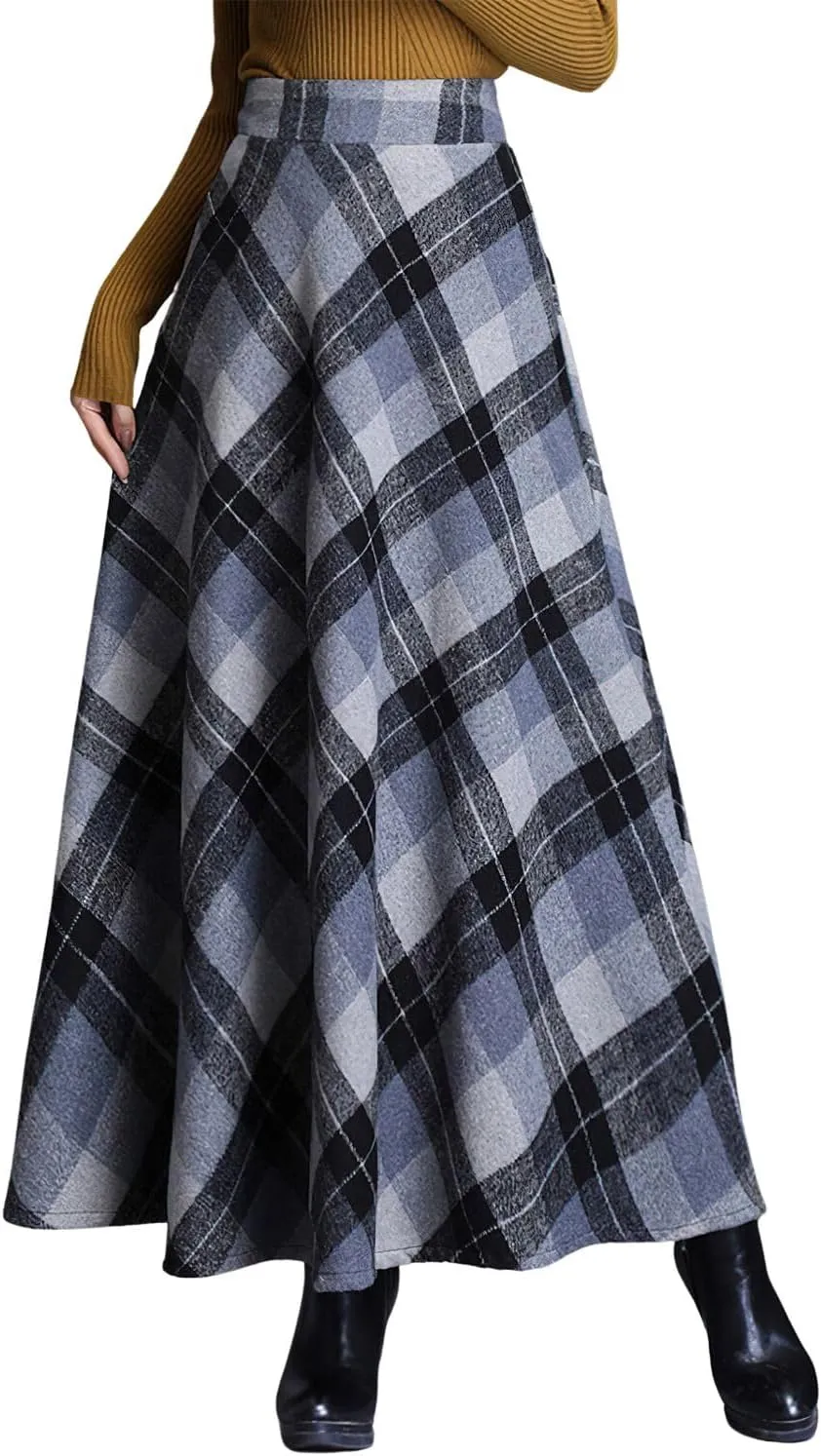 Women's Winter Warm Wool Plaid High Waist A-Line Drape Pleated Maxi Skirts with Pockets