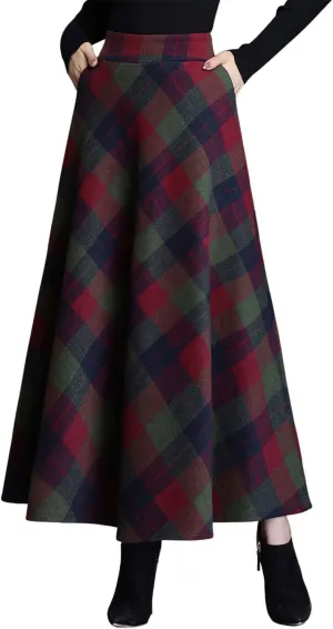 Women's Winter Warm Wool Plaid High Waist A-Line Drape Pleated Maxi Skirts with Pockets