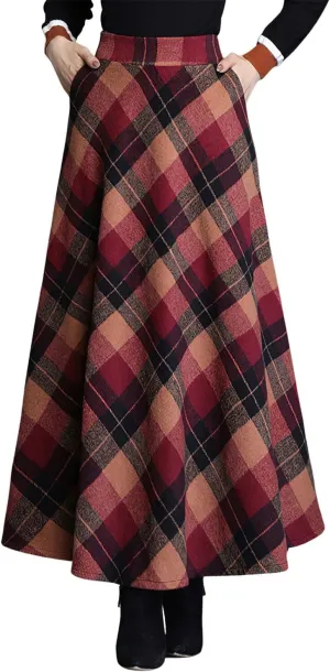 Women's Winter Warm Wool Plaid High Waist A-Line Drape Pleated Maxi Skirts with Pockets