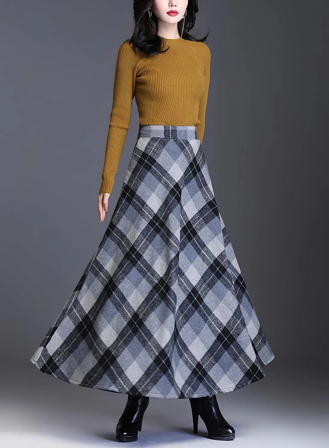 Women's Winter Warm Wool Plaid High Waist A-Line Drape Pleated Maxi Skirts with Pockets