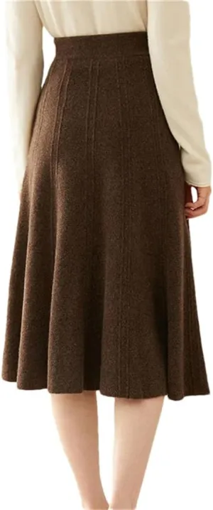 Women's Wool Knit Skirt Stretch High Waist Solid Color A-Line Office Pleated Midi Skirts