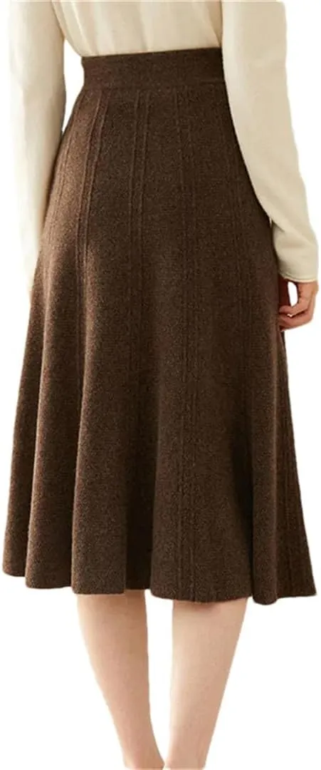 Women's Wool Knit Skirt Stretch High Waist Solid Color A-Line Office Pleated Midi Skirts