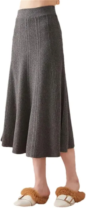 Women's Wool Knit Skirt Stretch High Waist Solid Color A-Line Office Pleated Midi Skirts