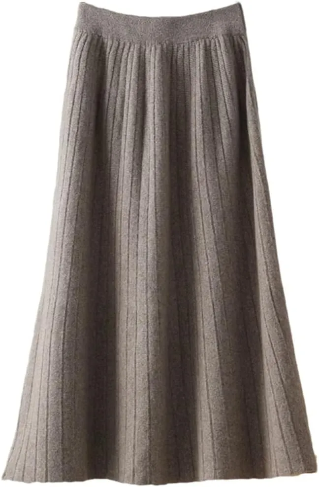 Women's Wool Knitted Pleated Skirt Thickened Elastic Waist Solid Color A Line Midi Skirts