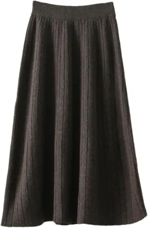 Women's Wool Knitted Pleated Skirt Thickened Elastic Waist Solid Color A Line Midi Skirts