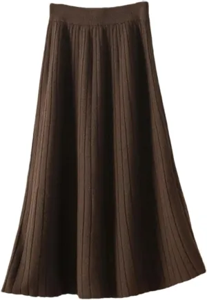 Women's Wool Knitted Pleated Skirt Thickened Elastic Waist Solid Color A Line Midi Skirts