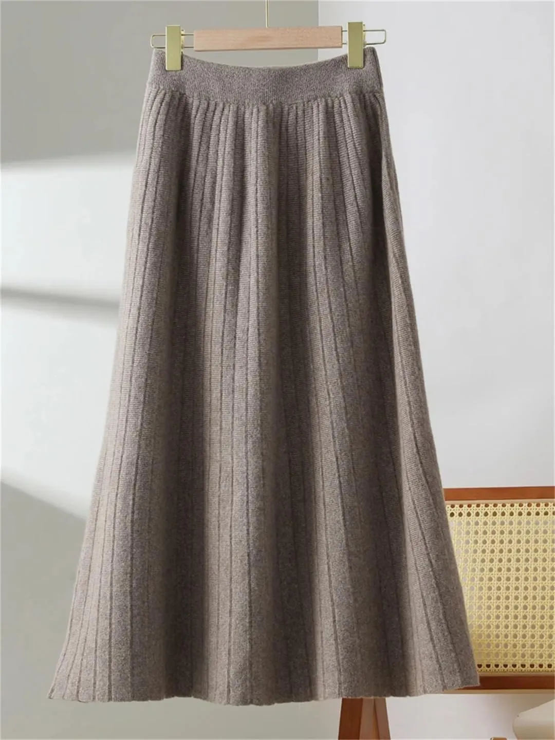 Women's Wool Knitted Pleated Skirt Thickened Elastic Waist Solid Color A Line Midi Skirts
