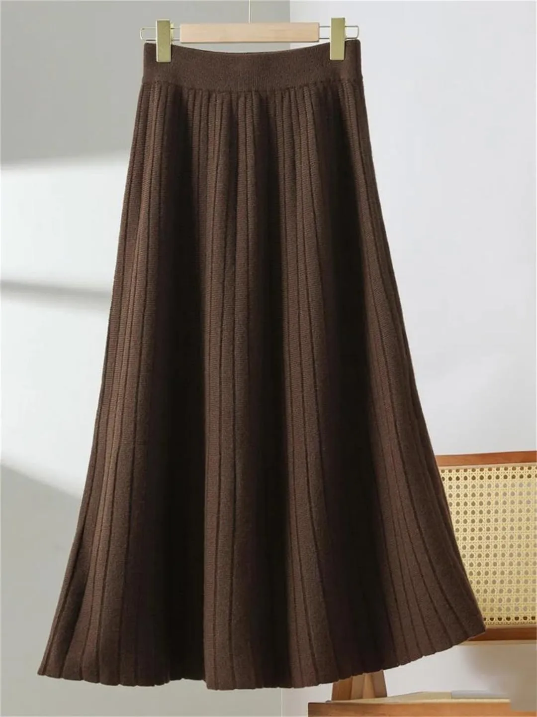 Women's Wool Knitted Pleated Skirt Thickened Elastic Waist Solid Color A Line Midi Skirts