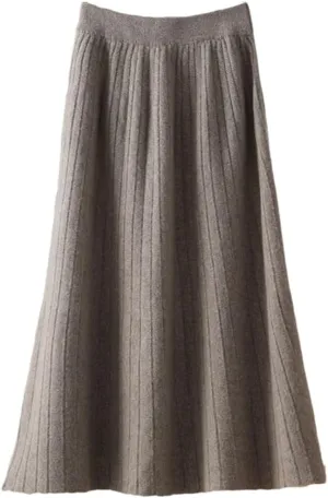 Women's Wool Knitted Pleated Skirt Thickened Elastic Waist Solid Color A Line Midi Skirts