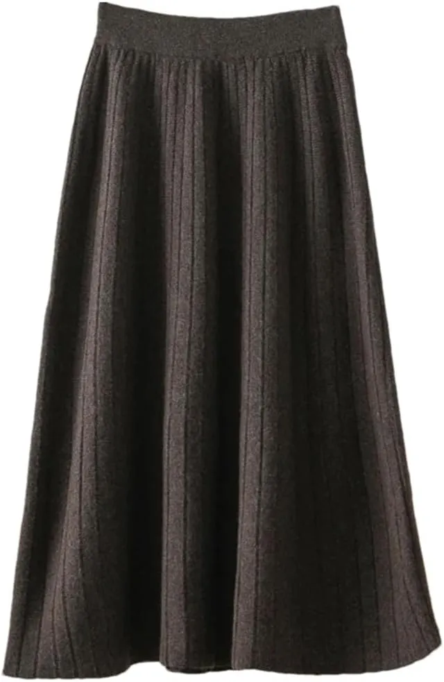 Women's Wool Knitted Pleated Skirt Thickened Elastic Waist Solid Color A Line Midi Skirts