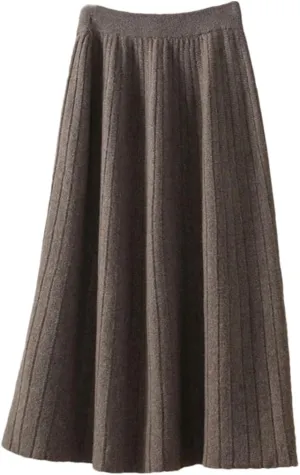 Women's Wool Knitted Pleated Skirt Thickened Elastic Waist Solid Color A Line Midi Skirts
