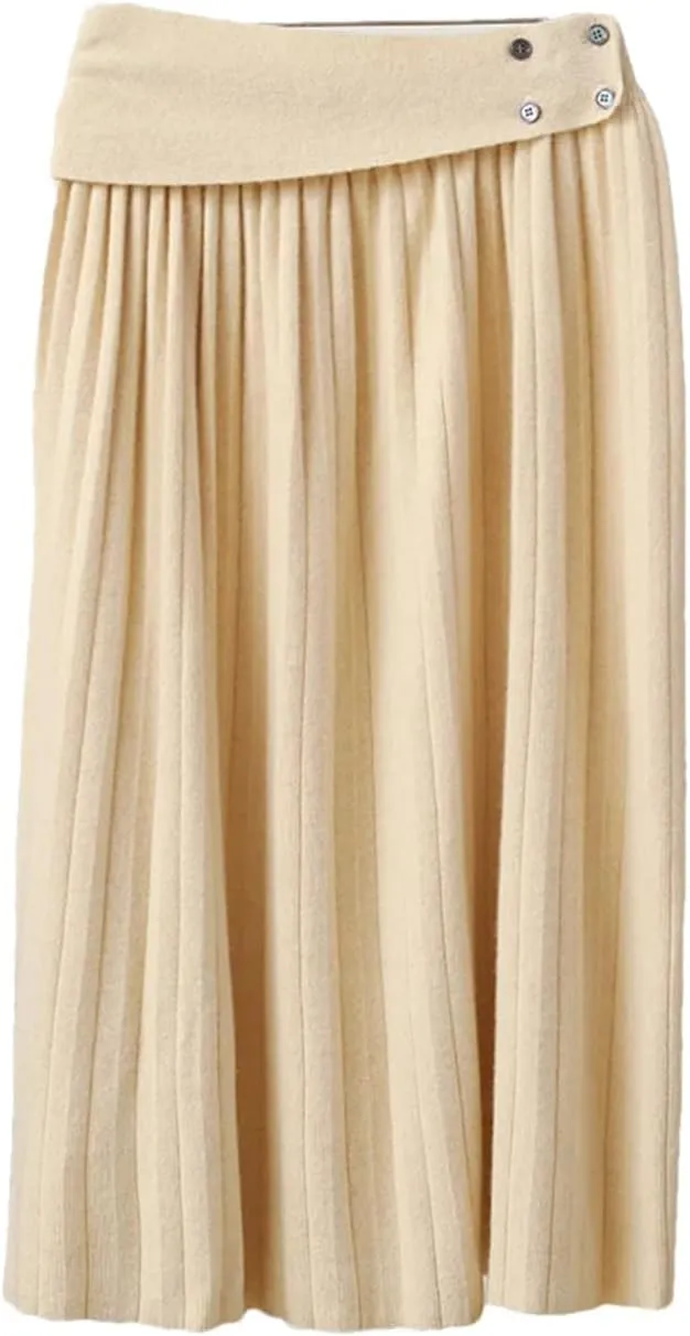 Women's Wool Knitted Skirt Office Pleated Stretch High Waist Solid Color Casual Midi Skirts