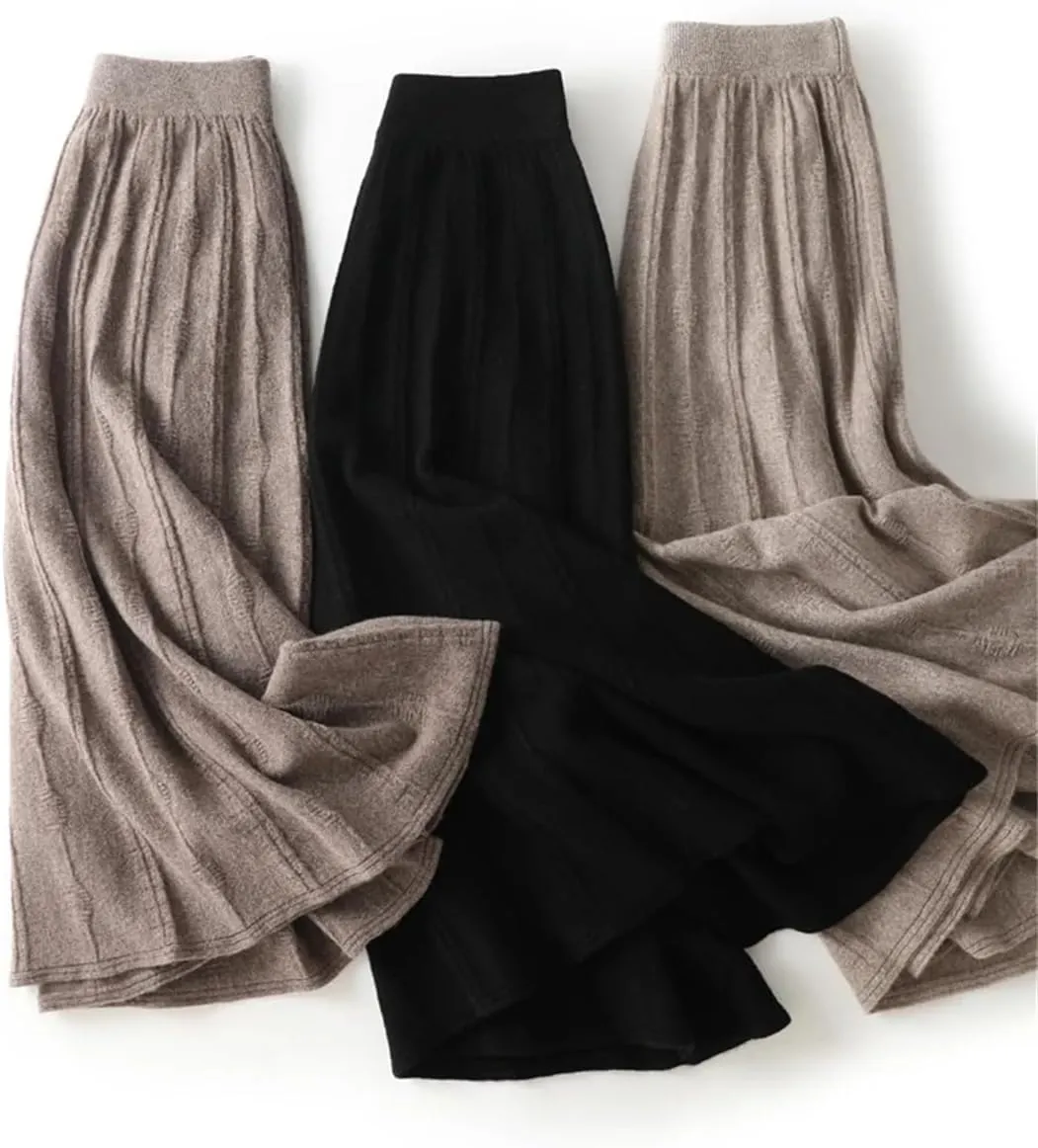 Women's Wool Pleated Skirt Stretch High Waist Casual Solid Color Loose Office Midi Skirts