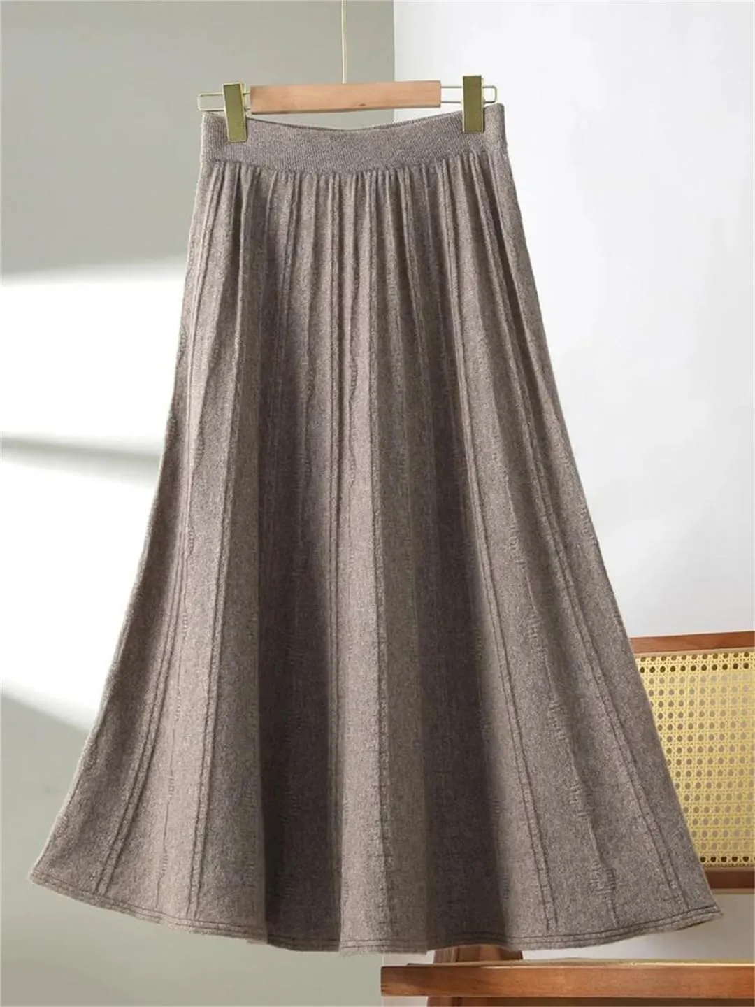 Women's Wool Pleated Skirt Stretch High Waist Casual Solid Color Loose Office Midi Skirts