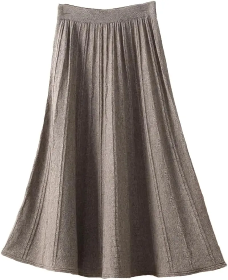 Women's Wool Pleated Skirt Stretch High Waist Casual Solid Color Loose Office Midi Skirts
