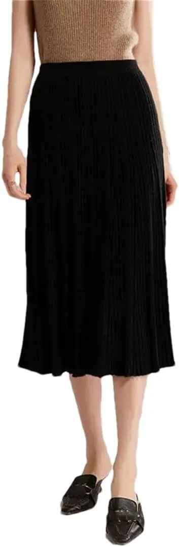 Women's Wool Skirt Stretch High Waist Pleated A Line Solid Color Business Casual Midi Skirts
