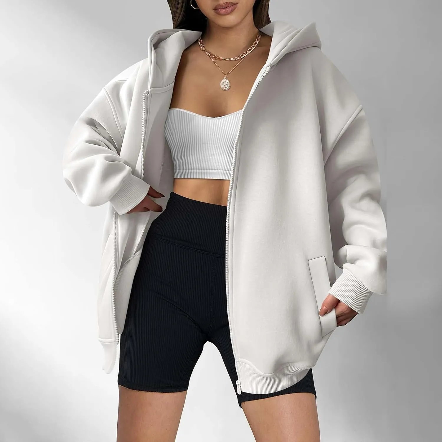 Womens Zip Up Y2K Hoodie Dressy Casual Long Sleeve Shacket Classic Loose Fit Shirt Fall Winter Jackets with Pockets