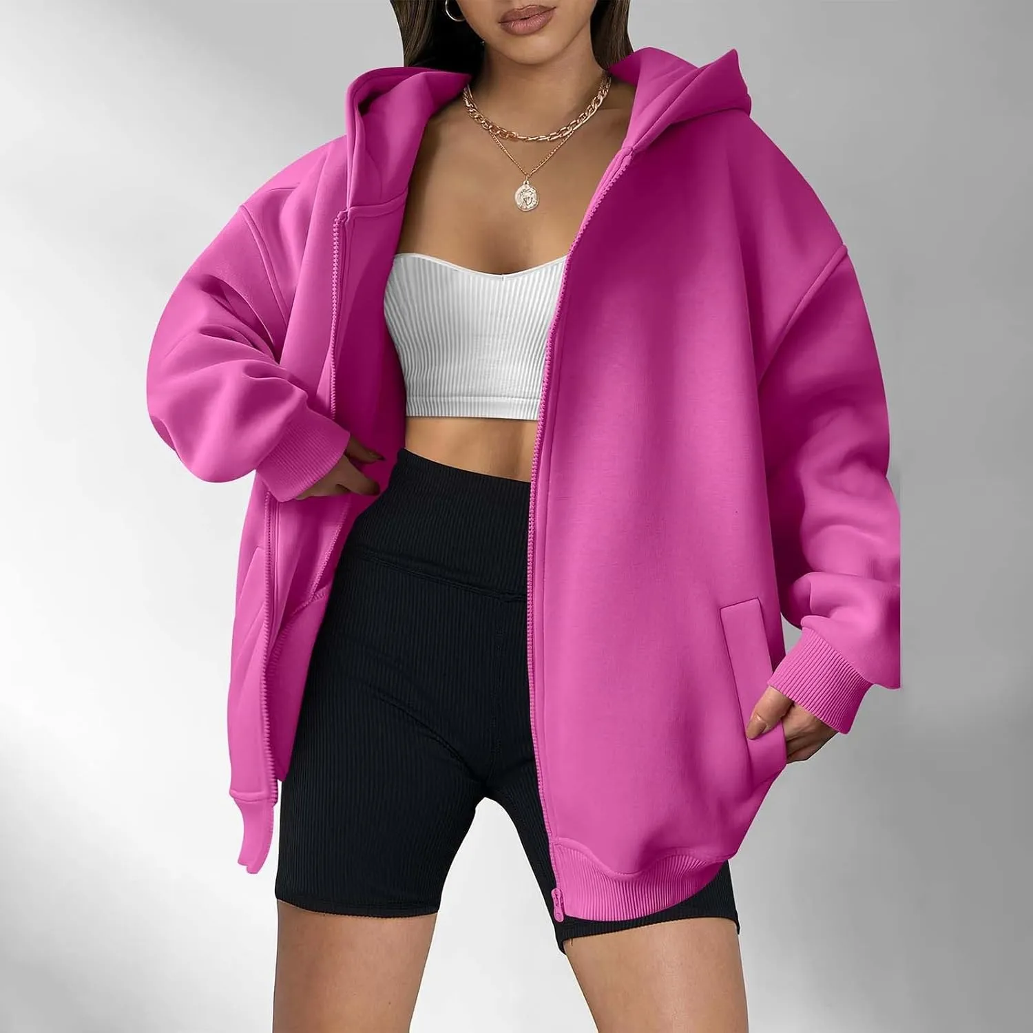 Womens Zip Up Y2K Hoodie Dressy Casual Long Sleeve Shacket Classic Loose Fit Shirt Fall Winter Jackets with Pockets