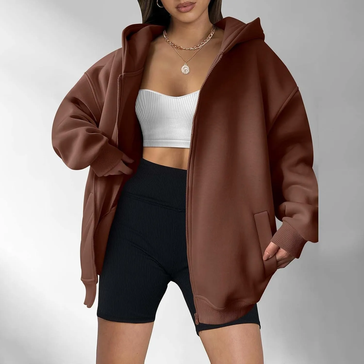 Womens Zip Up Y2K Hoodie Dressy Casual Long Sleeve Shacket Classic Loose Fit Shirt Fall Winter Jackets with Pockets