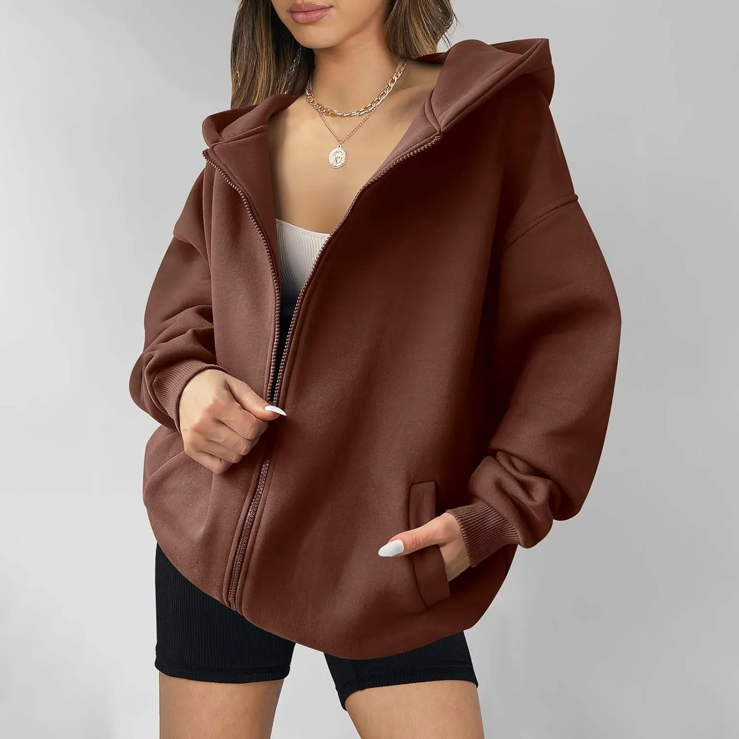 Womens Zip Up Y2K Hoodie Dressy Casual Long Sleeve Shacket Classic Loose Fit Shirt Fall Winter Jackets with Pockets
