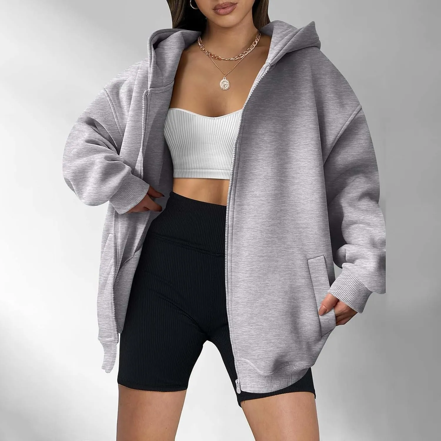 Womens Zip Up Y2K Hoodie Dressy Casual Long Sleeve Shacket Classic Loose Fit Shirt Fall Winter Jackets with Pockets