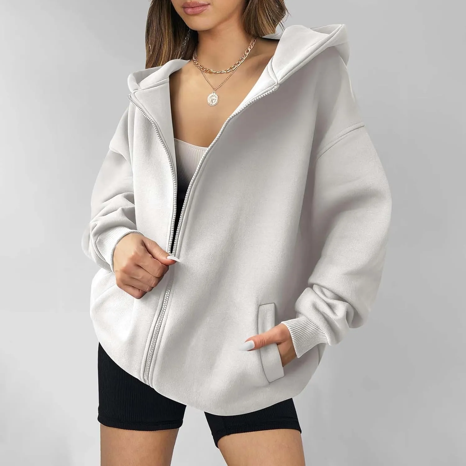 Womens Zip Up Y2K Hoodie Dressy Casual Long Sleeve Shacket Classic Loose Fit Shirt Fall Winter Jackets with Pockets