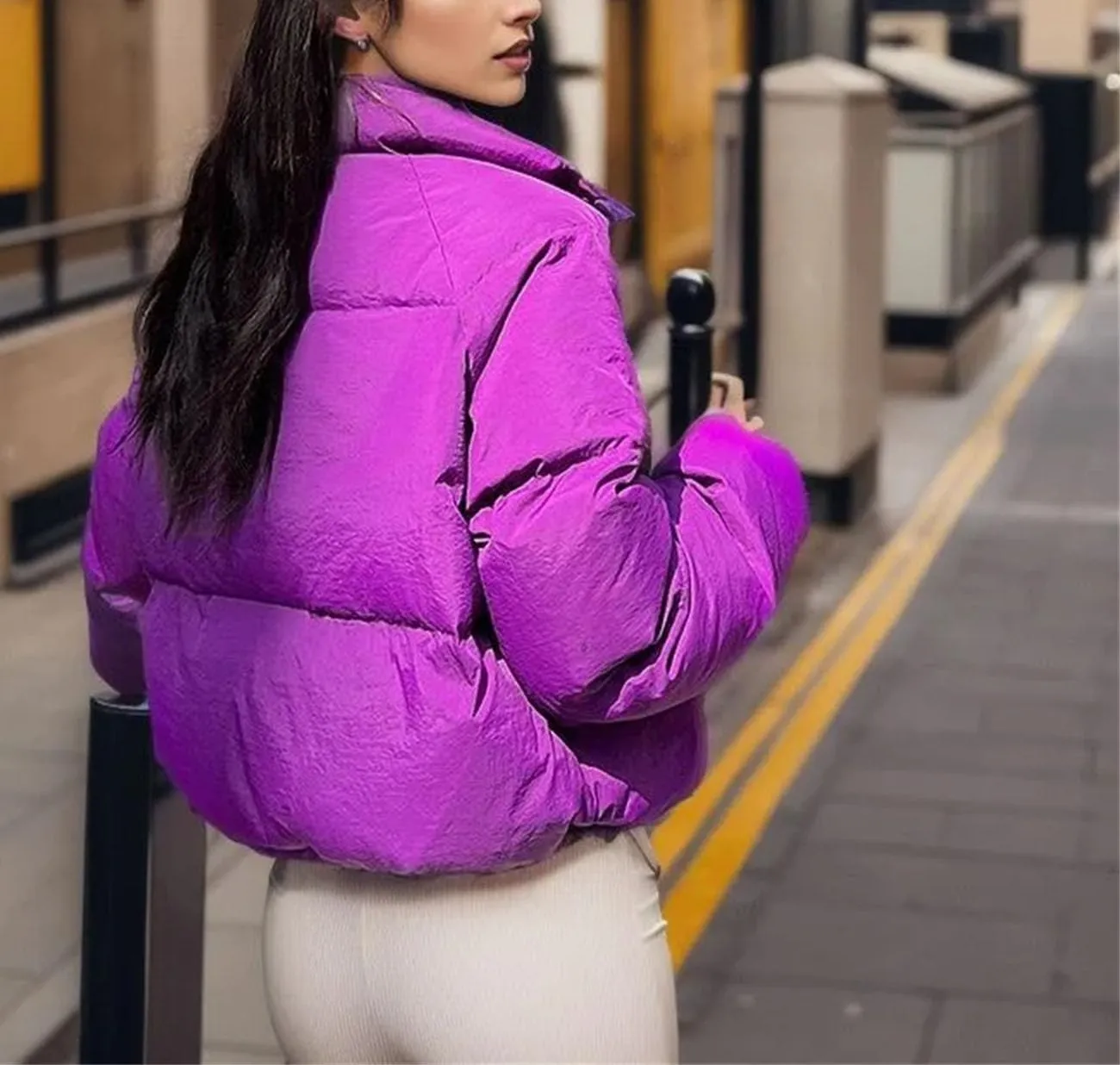 Women's Zipper Button Solid Short Cotton-Padded Jacket Loose Classic Stand Collar Warm Parka Coat