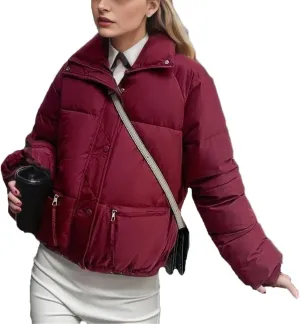 Women's Zipper Button Solid Short Cotton-Padded Jacket Loose Classic Stand Collar Warm Parka Coat
