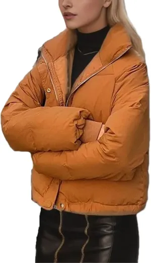 Women's Zipper Button Solid Short Cotton-Padded Jacket Loose Classic Stand Collar Warm Parka Coat