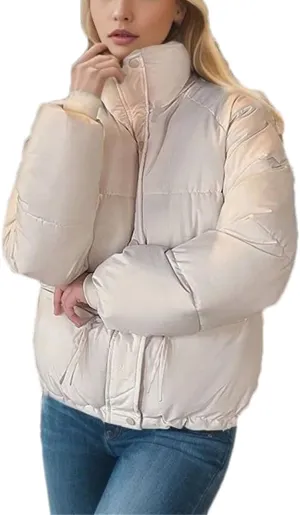 Women's Zipper Button Solid Short Cotton-Padded Jacket Loose Classic Stand Collar Warm Parka Coat