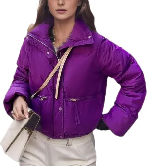 Women's Zipper Button Solid Short Cotton-Padded Jacket Loose Classic Stand Collar Warm Parka Coat