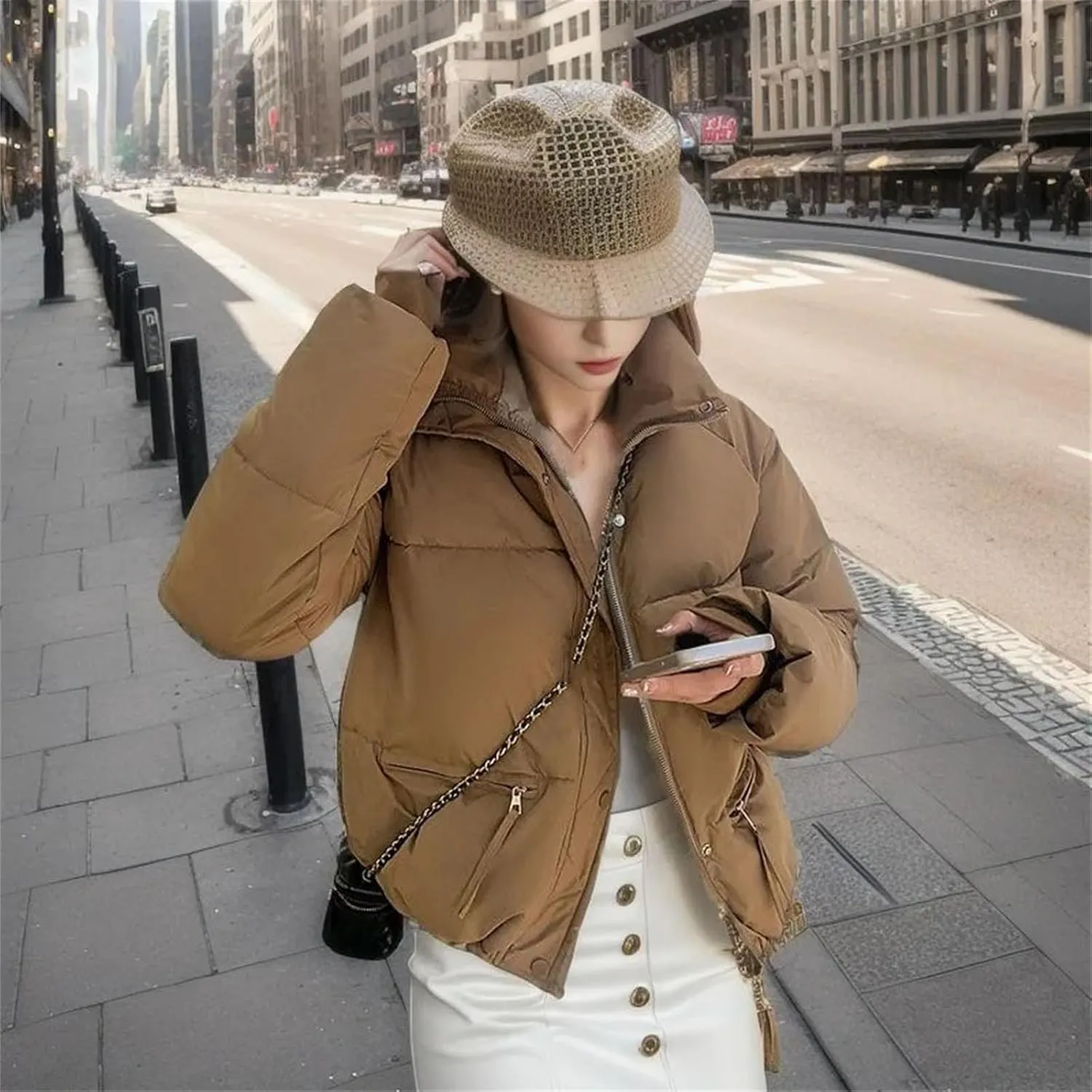 Women's Zipper Button Solid Short Cotton-Padded Jacket Loose Classic Stand Collar Warm Parka Coat