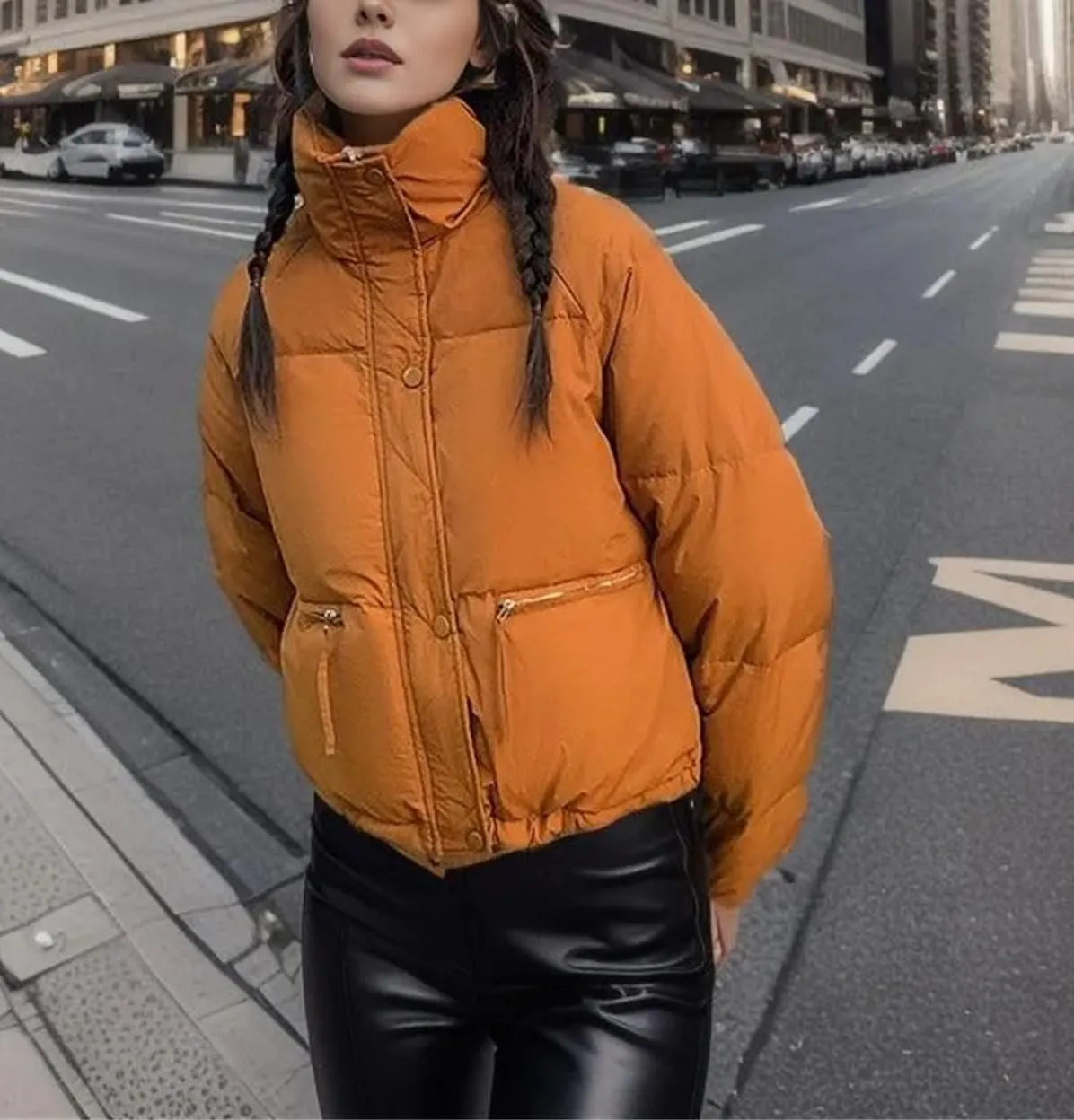 Women's Zipper Button Solid Short Cotton-Padded Jacket Loose Classic Stand Collar Warm Parka Coat