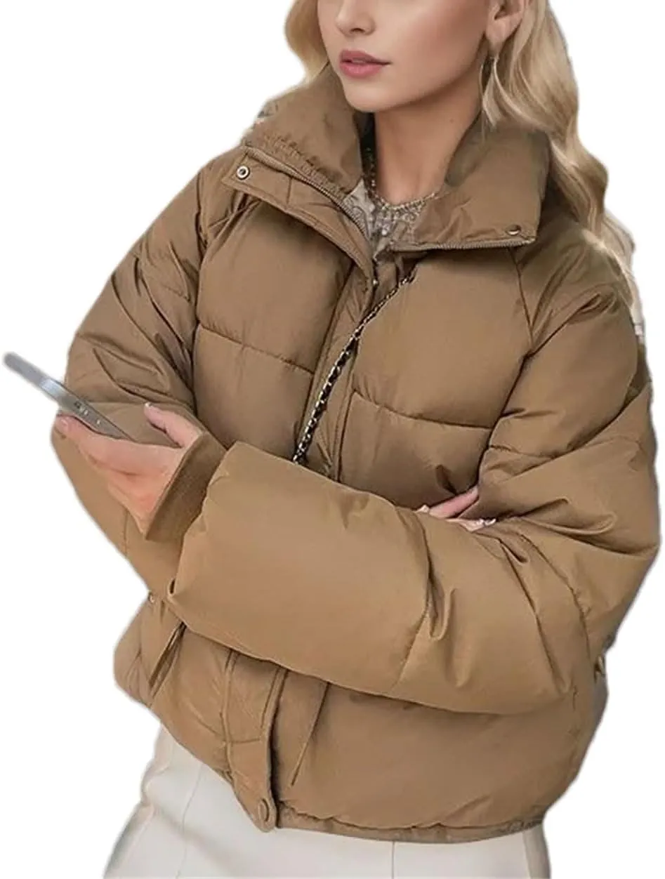 Women's Zipper Button Solid Short Cotton-Padded Jacket Loose Classic Stand Collar Warm Parka Coat