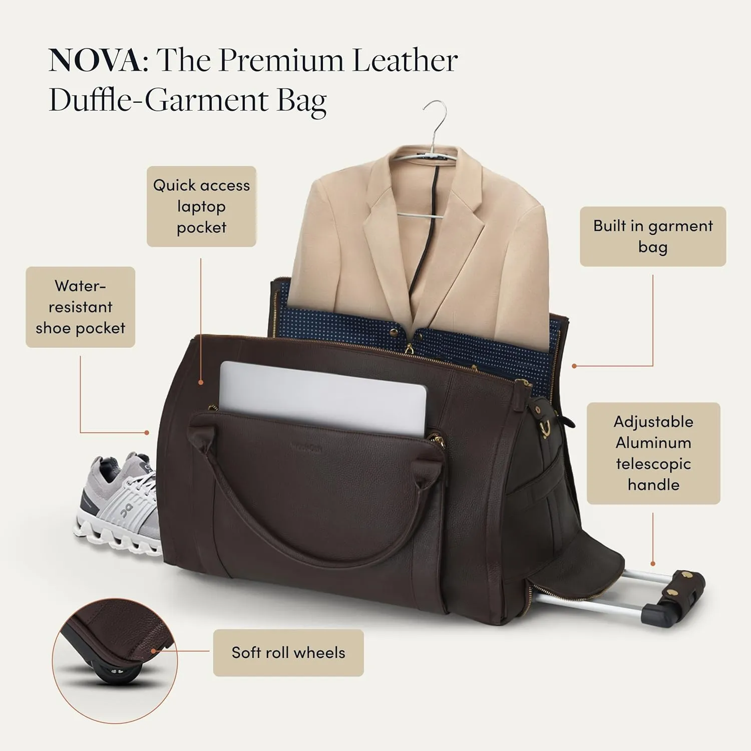 Wool & Oak - NOVA Large Duffle Bag with Wheels - Carry On Garment Duffle Bags for Overnight, Hospital - Travel Bags with Shoe Compartment & Tech Pocket - Gifts for Dad (Leather, Jet Black)