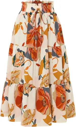 Wuitrie Women Long Skirt Botanical Floral Prints Elastic High Waist Casual Maxi Skirt Vacation Outfits