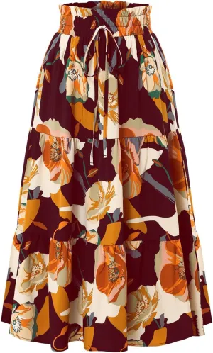 Wuitrie Women Long Skirt Botanical Floral Prints Elastic High Waist Casual Maxi Skirt Vacation Outfits
