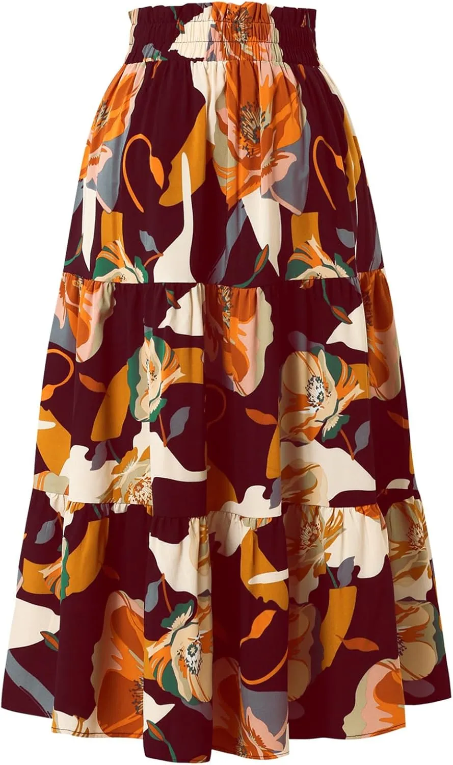 Wuitrie Women Long Skirt Botanical Floral Prints Elastic High Waist Casual Maxi Skirt Vacation Outfits