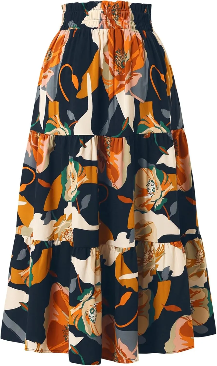 Wuitrie Women Long Skirt Botanical Floral Prints Elastic High Waist Casual Maxi Skirt Vacation Outfits