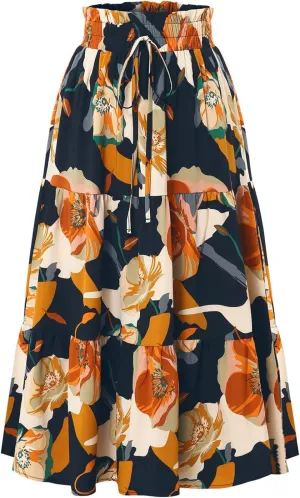 Wuitrie Women Long Skirt Botanical Floral Prints Elastic High Waist Casual Maxi Skirt Vacation Outfits