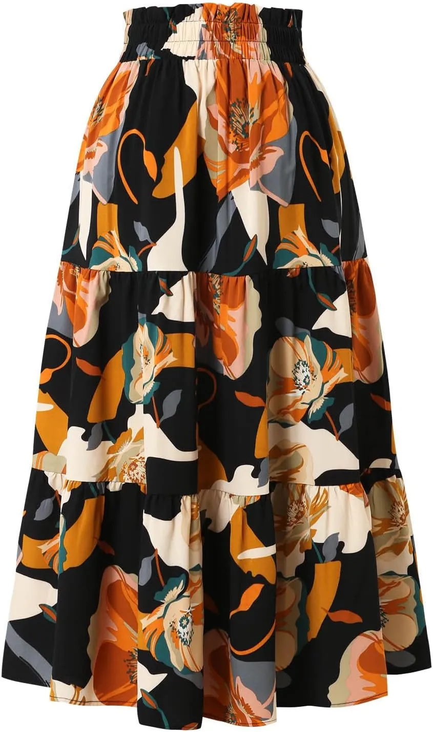 Wuitrie Women Long Skirt Botanical Floral Prints Elastic High Waist Casual Maxi Skirt Vacation Outfits