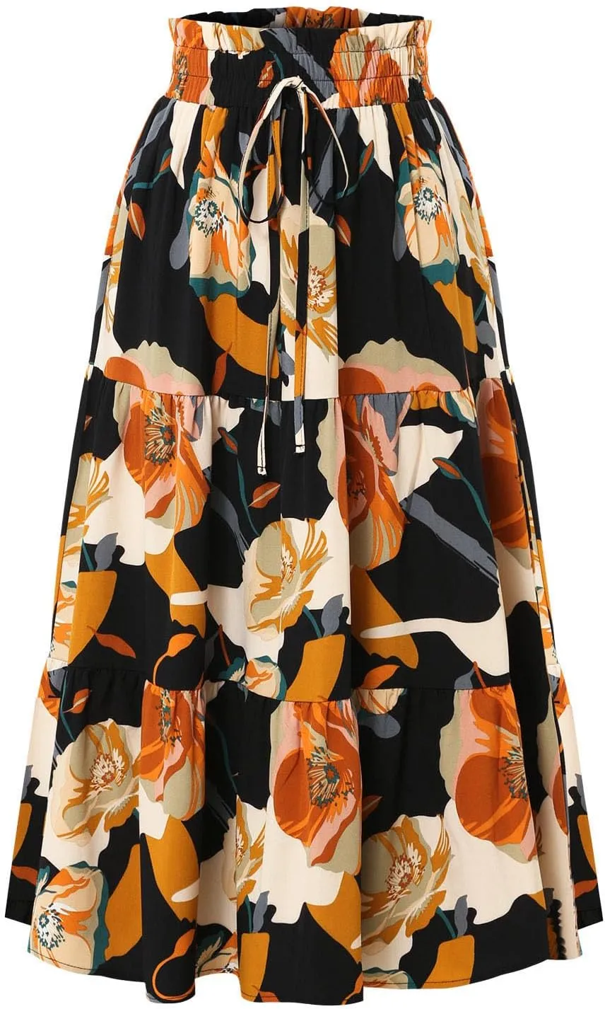 Wuitrie Women Long Skirt Botanical Floral Prints Elastic High Waist Casual Maxi Skirt Vacation Outfits
