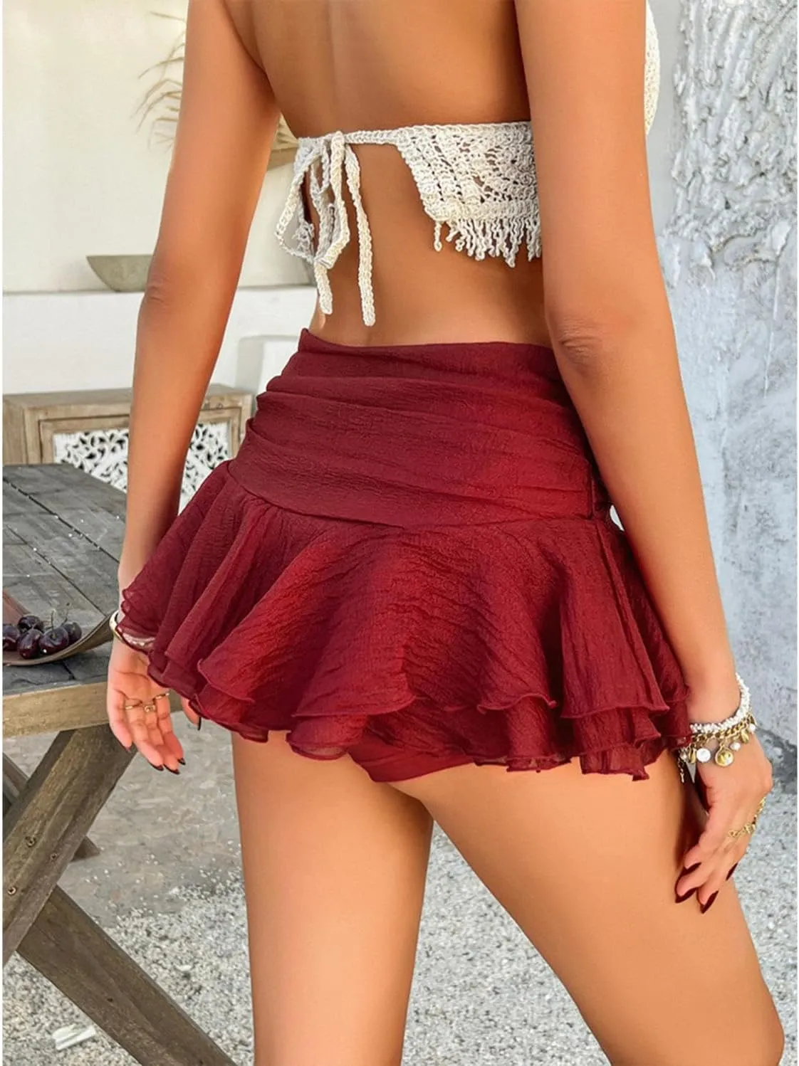 xzbailisha Women's Summer High Waist Ruffle Mini Shorts Skirt Bohemian Flowy Beach Skort