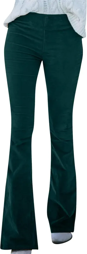 YMING Women's Corduroy Flare Pants Elastic Waist Bell Bottom Trousers Solid Color Stretch Pants with Pockets