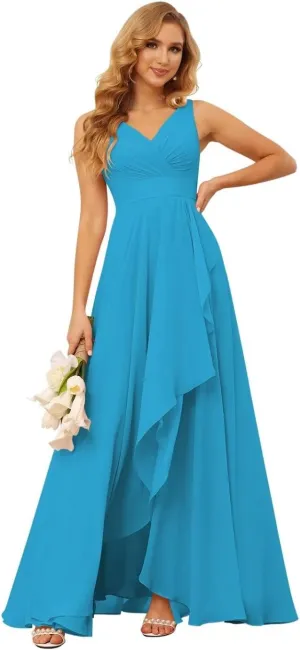 YMSHA V Neck Chiffon Bridesmaid Dresses for Women Side Slit Pleated Formal Evening Dress for Girls YMS134