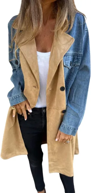 yoeasy Womens Denim Patchwork Trench Coat Notched Lapel Double Breasted Oversized Casual Blazers Suit Jacket