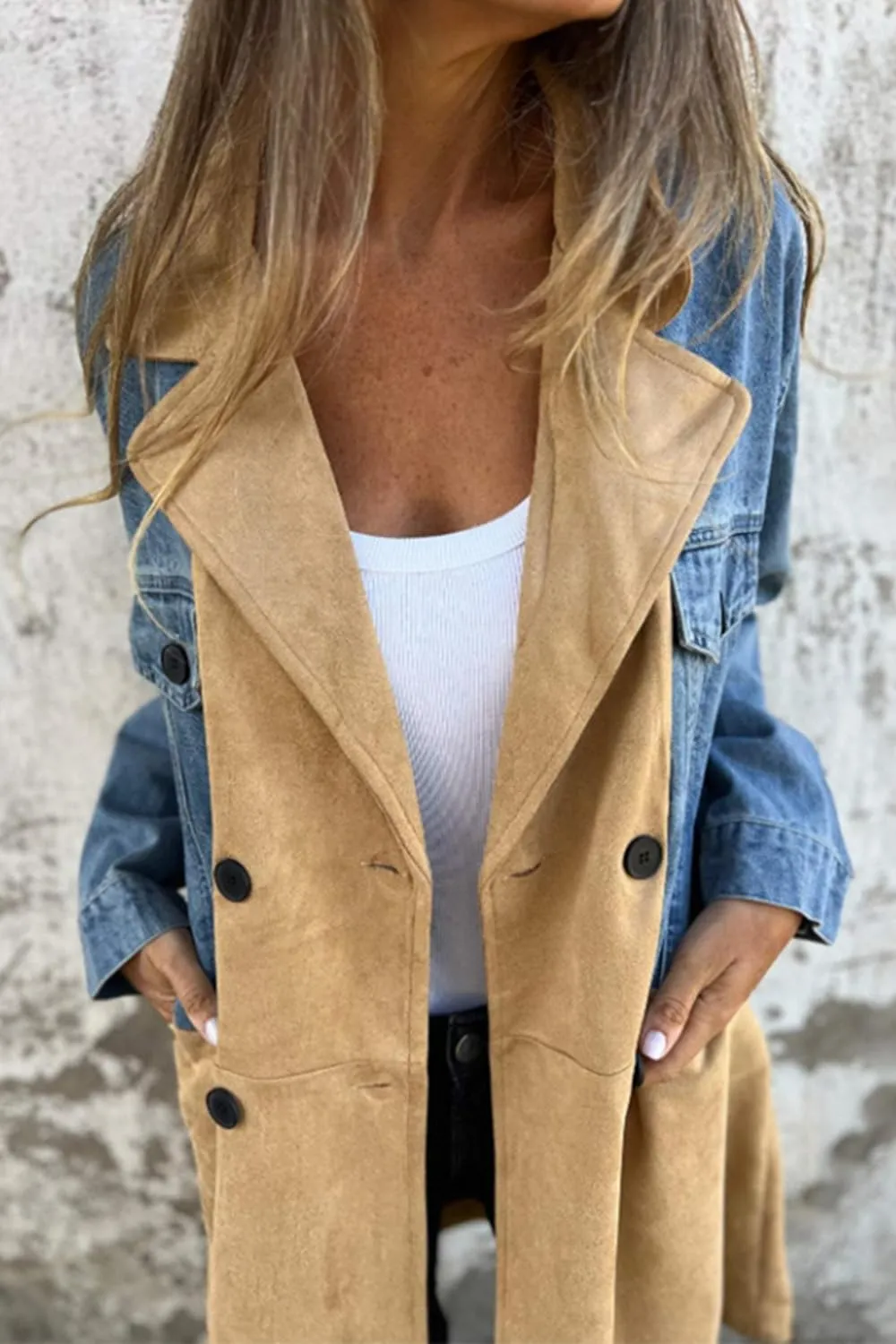 yoeasy Womens Denim Patchwork Trench Coat Notched Lapel Double Breasted Oversized Casual Blazers Suit Jacket
