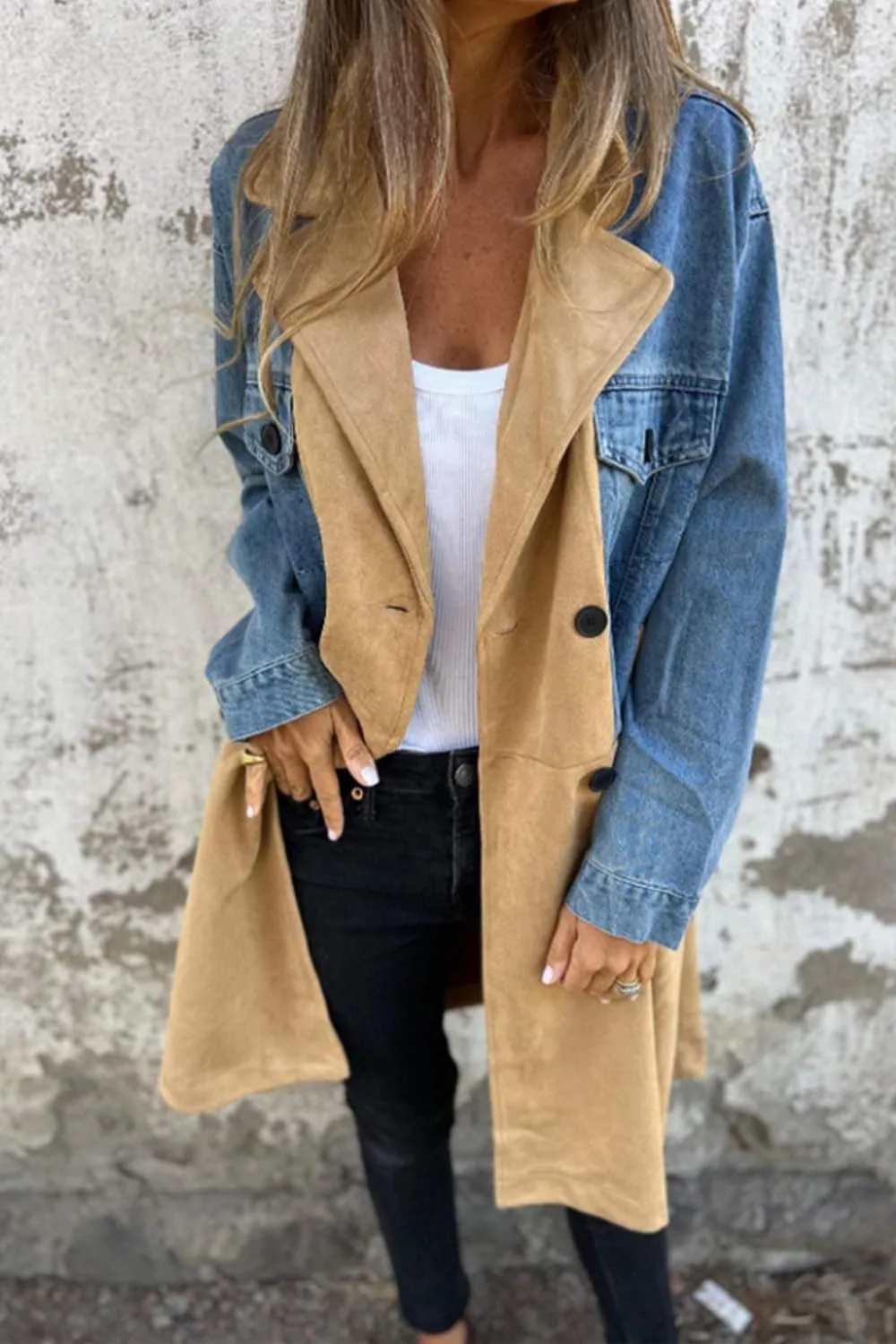 yoeasy Womens Denim Patchwork Trench Coat Notched Lapel Double Breasted Oversized Casual Blazers Suit Jacket