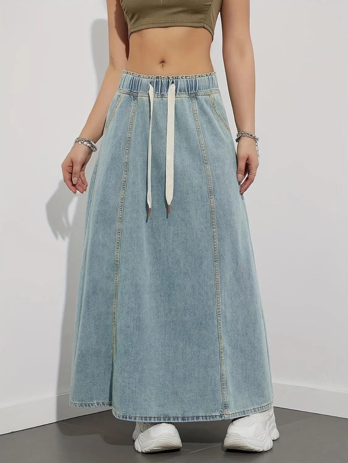yoeasy Women's Drawstring Elastic High Waist Denim Skirt Casual Flowy Swing A-Line Long Maxi Flare Denim Skirt