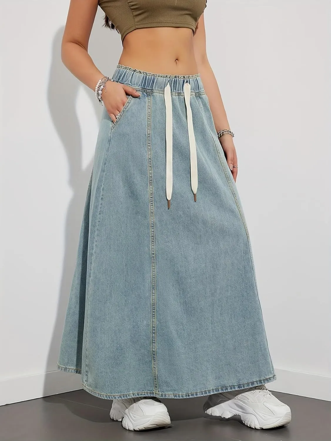 yoeasy Women's Drawstring Elastic High Waist Denim Skirt Casual Flowy Swing A-Line Long Maxi Flare Denim Skirt